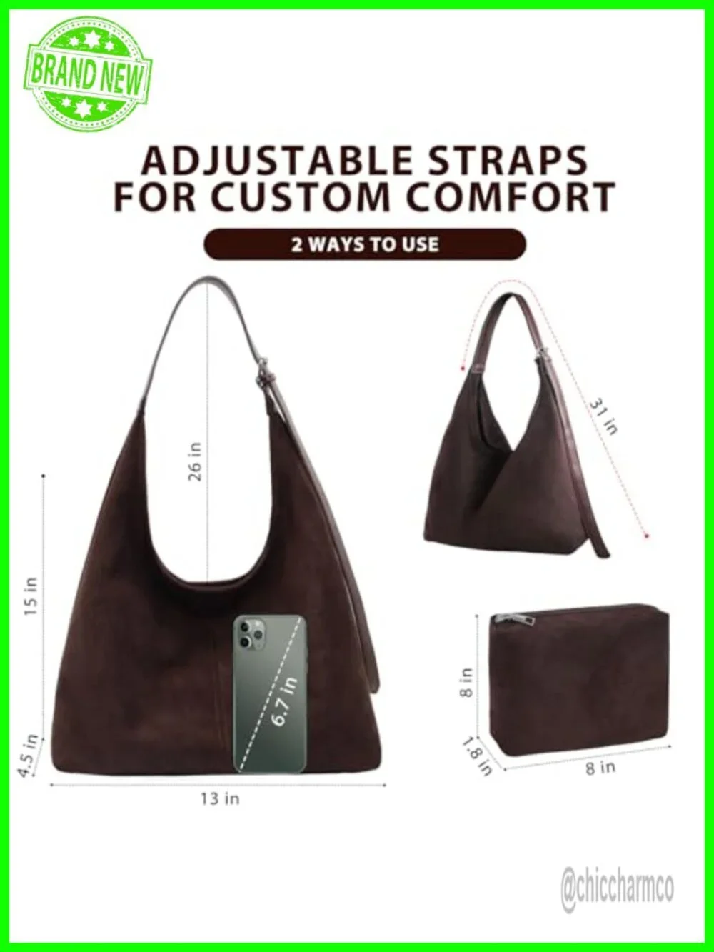 Trendy Faux Suede Hobo Tote Shoulder Handbag with Adjustable Strap and Pouch